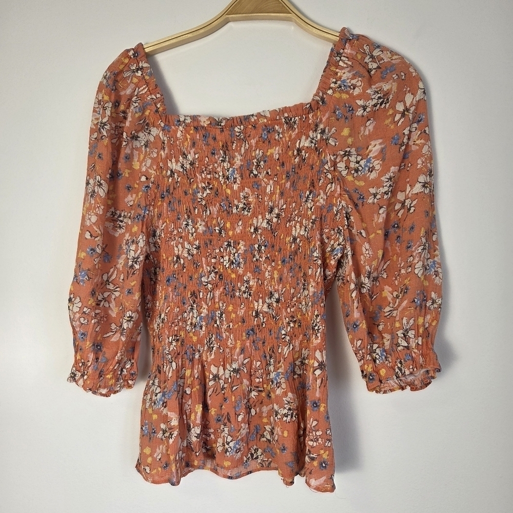 Nanette Lepore Floral Ruffled Smocked Peplum Blouse - Picture 7 of 12